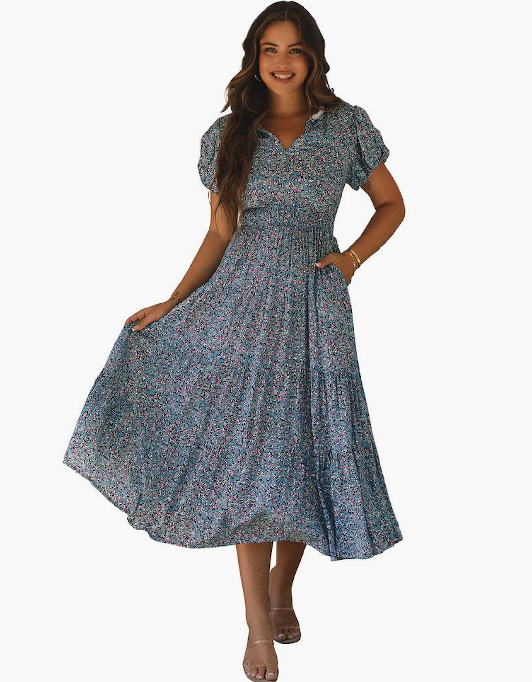Blue Printed V Neck Shirred Short Puff Sleeve Maxi Dress