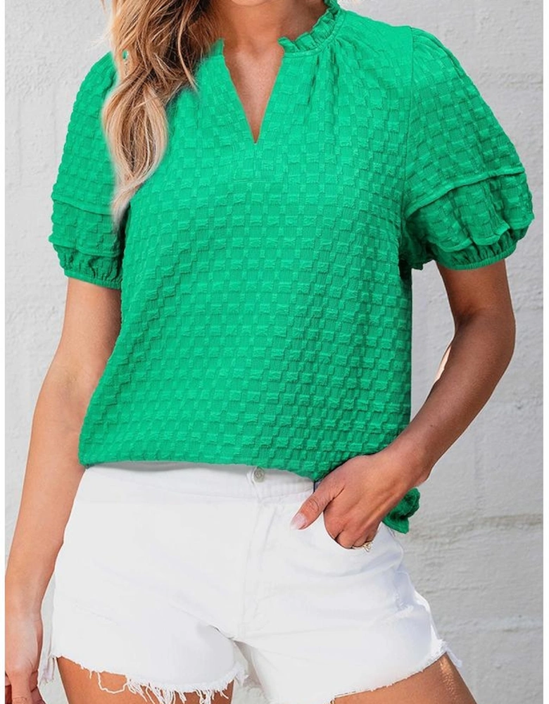 Bright Green Textured Puff Short Sleeve Notched V Neck Top