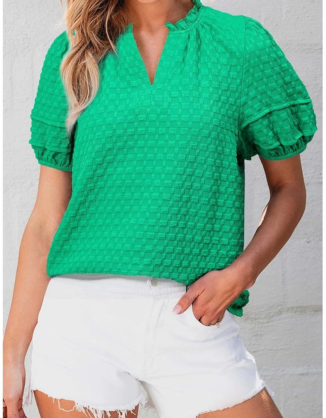Bright Green Textured Puff Short Sleeve Notched V Neck Top