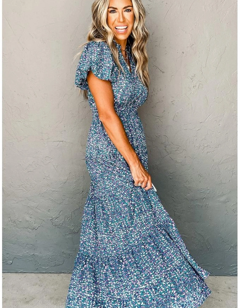 Blue Printed V Neck Shirred Short Puff Sleeve Maxi Dress