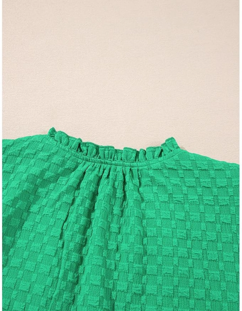 Bright Green Textured Puff Short Sleeve Notched V Neck Top