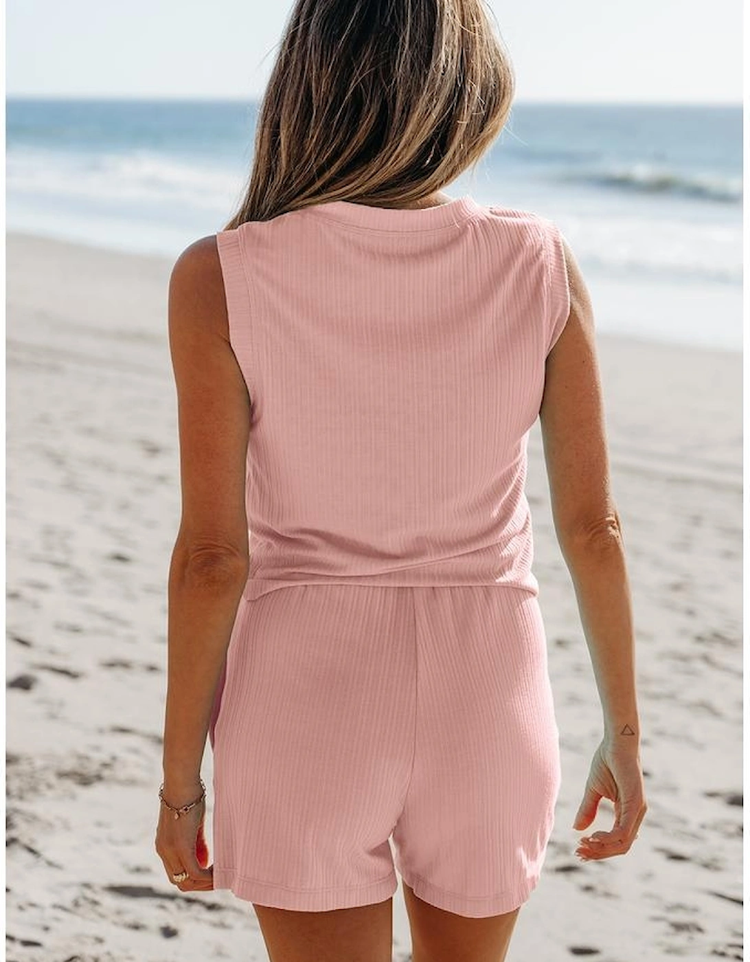 Gossamer Pink Ribbed Button V Neck Tank Top and Shorts Set, 7 of 6