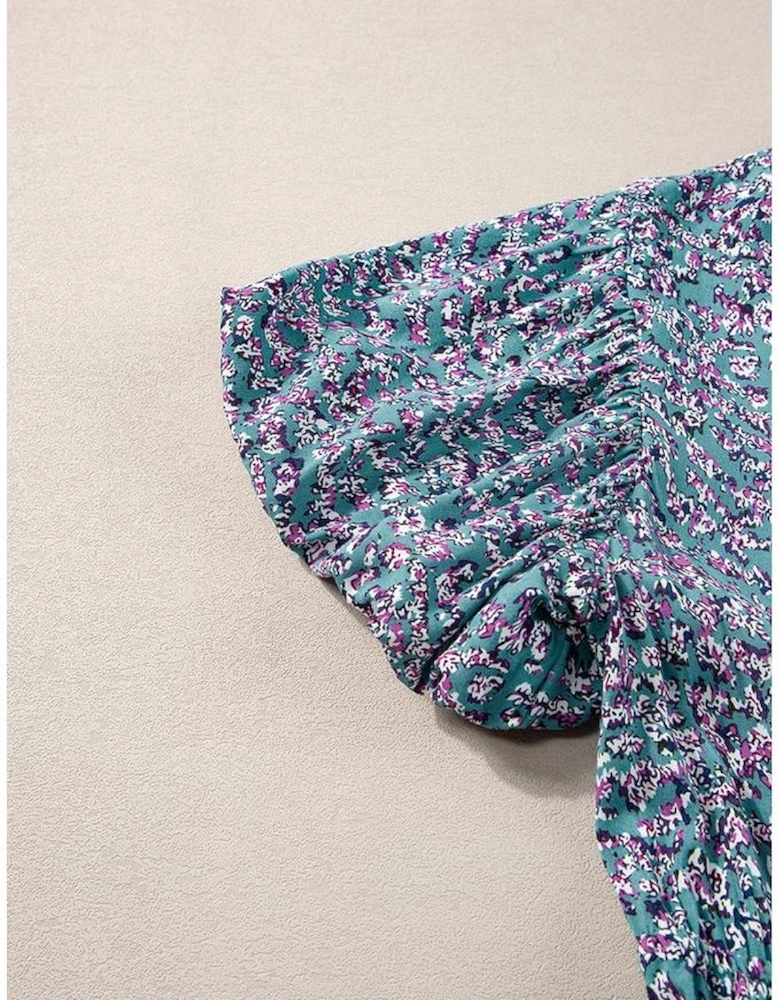 Blue Printed V Neck Shirred Short Puff Sleeve Maxi Dress