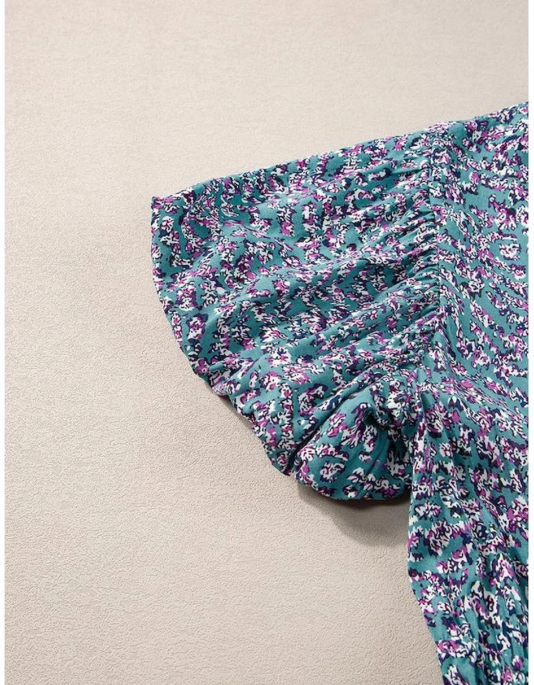 Blue Printed V Neck Shirred Short Puff Sleeve Maxi Dress