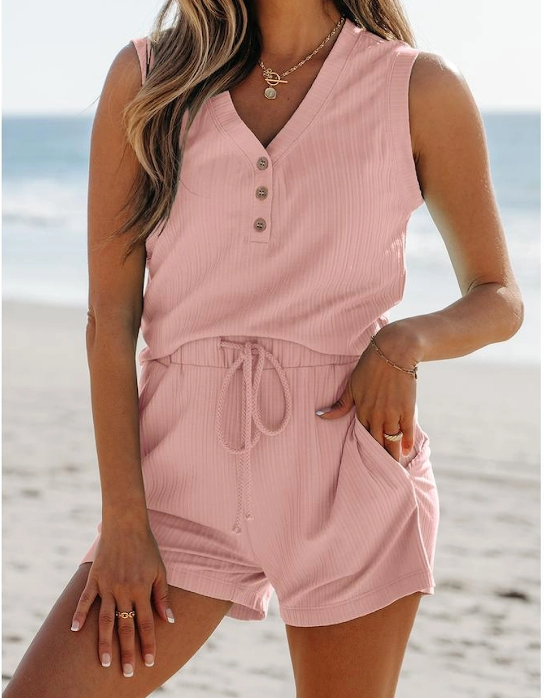 Gossamer Pink Ribbed Button V Neck Tank Top and Shorts Set