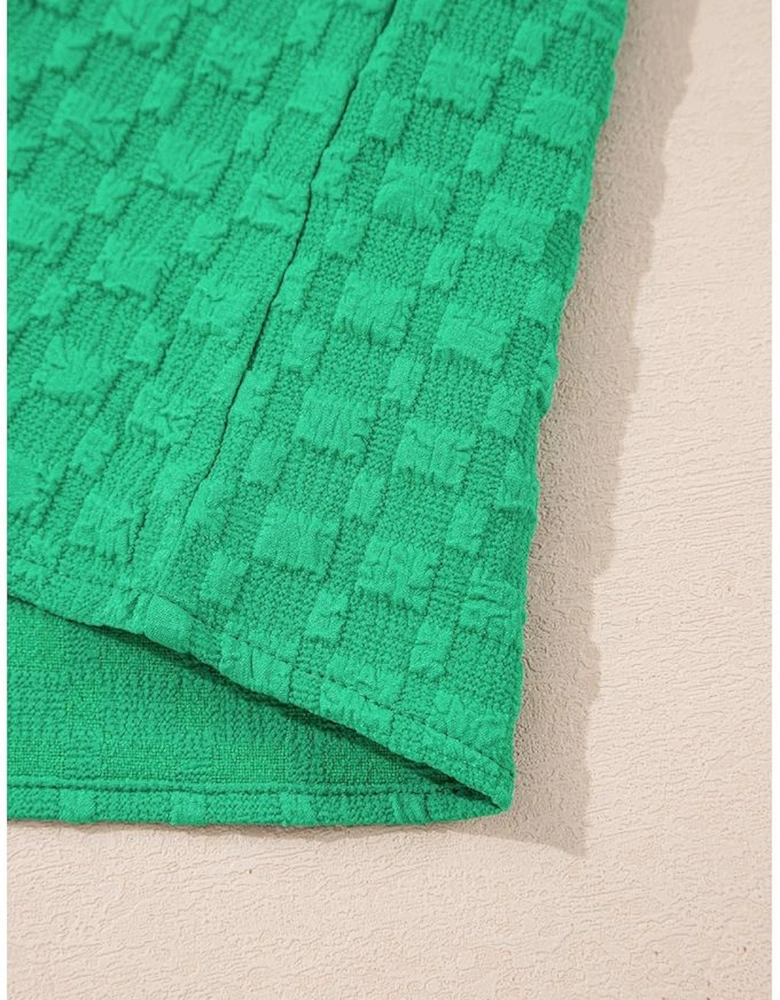 Bright Green Textured Puff Short Sleeve Notched V Neck Top