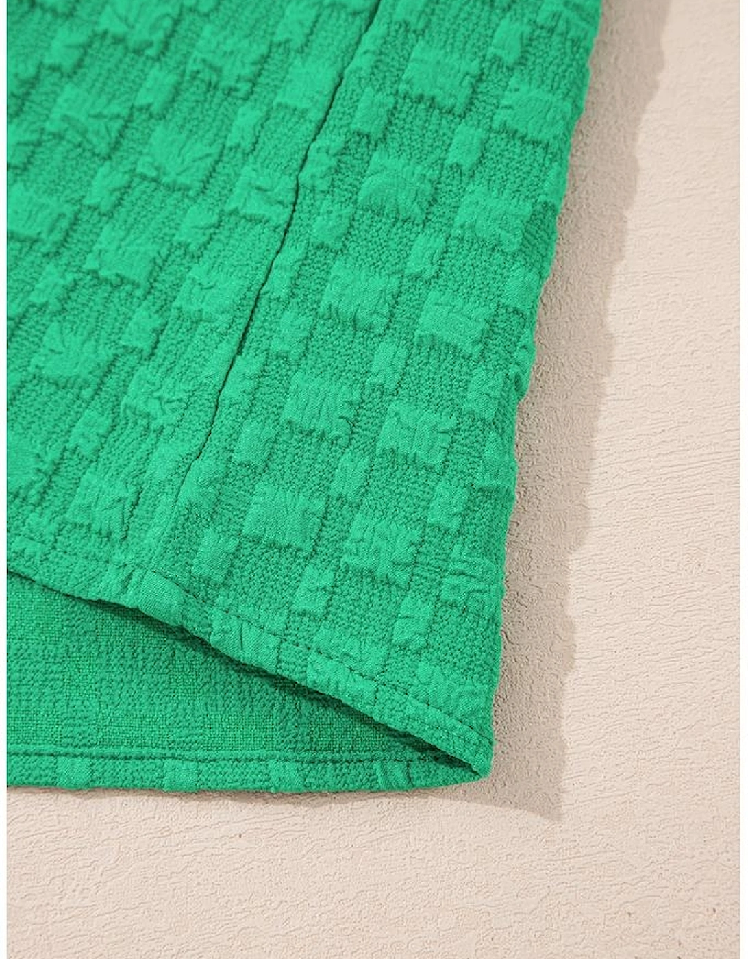 Bright Green Textured Puff Short Sleeve Notched V Neck Top