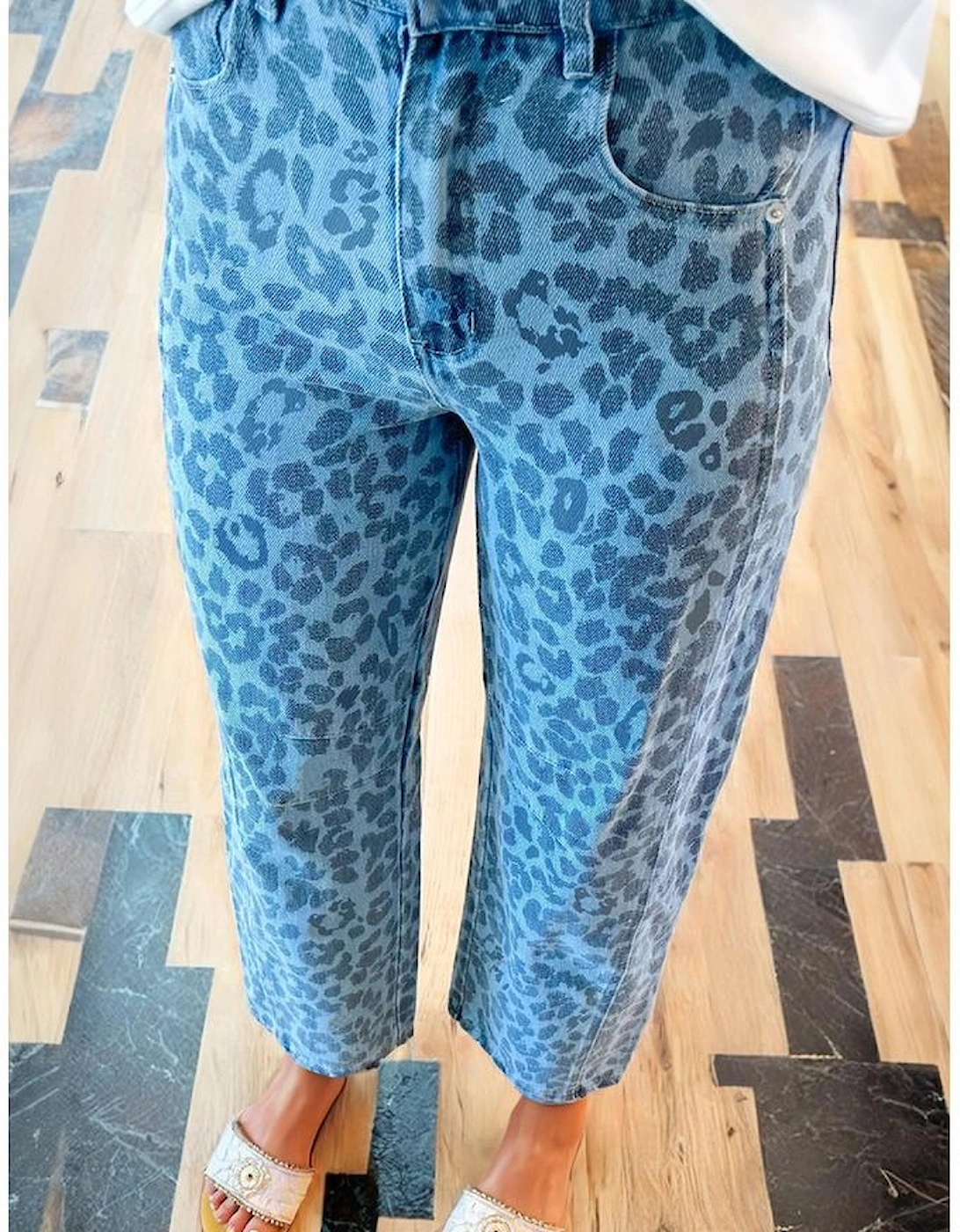 Sky Blue Leopard Print Straight Loose Jeans