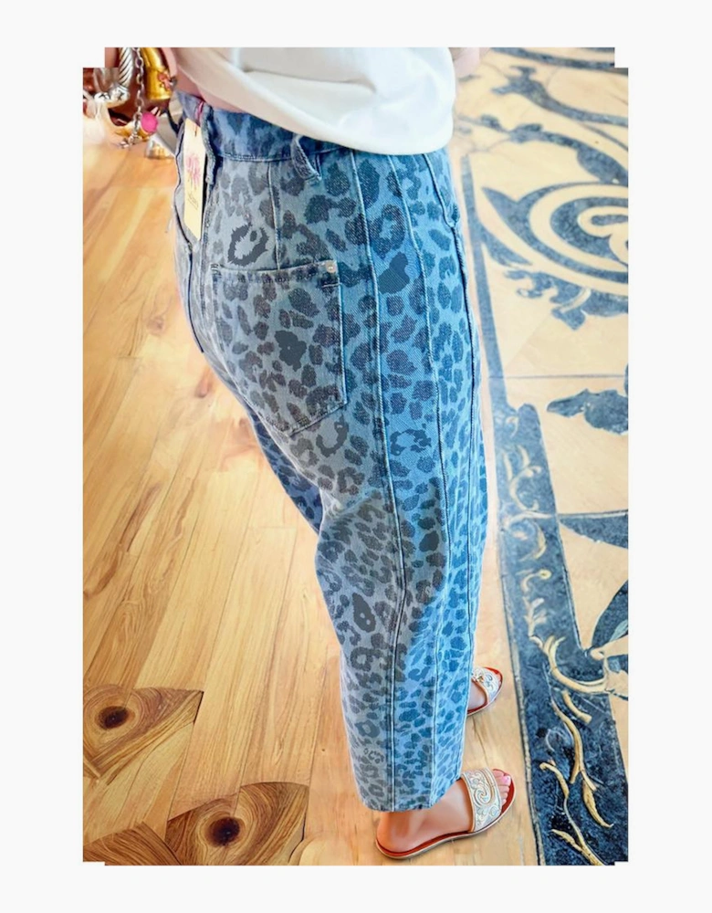 Sky Blue Leopard Print Straight Loose Jeans