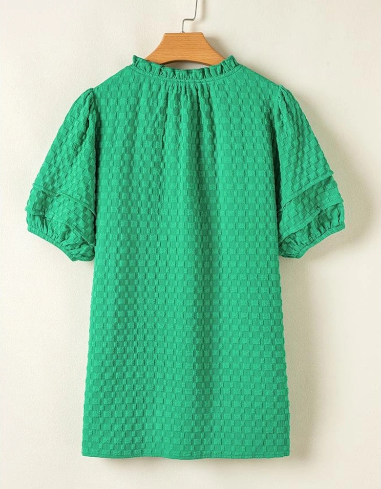 Bright Green Textured Puff Short Sleeve Notched V Neck Top