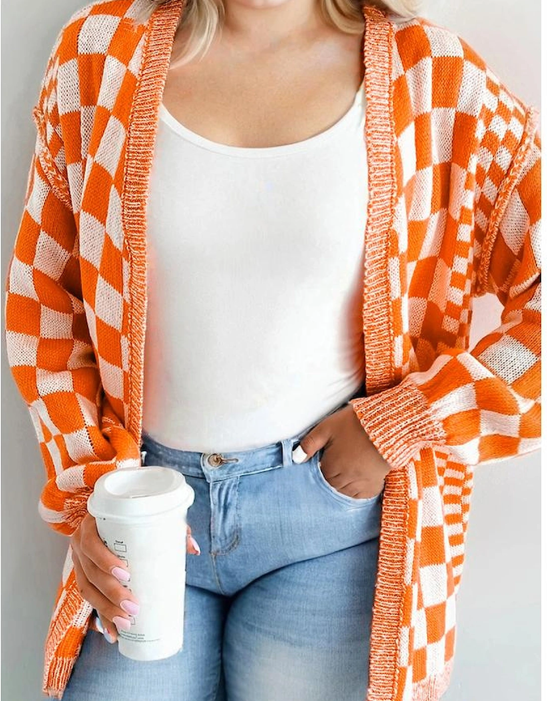 Orange Checkered Bubble Sleeve Drop Shoulder Open Cardigan