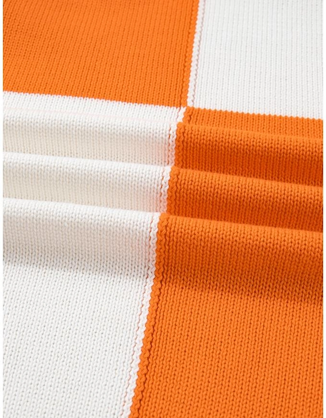 Orange Checkered Bubble Sleeve Drop Shoulder Open Cardigan