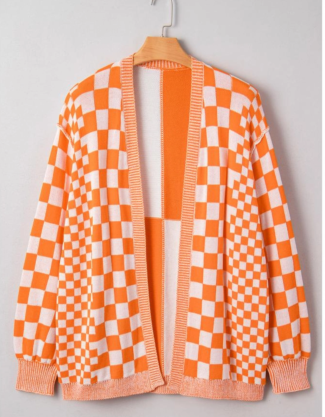 Orange Checkered Bubble Sleeve Drop Shoulder Open Cardigan