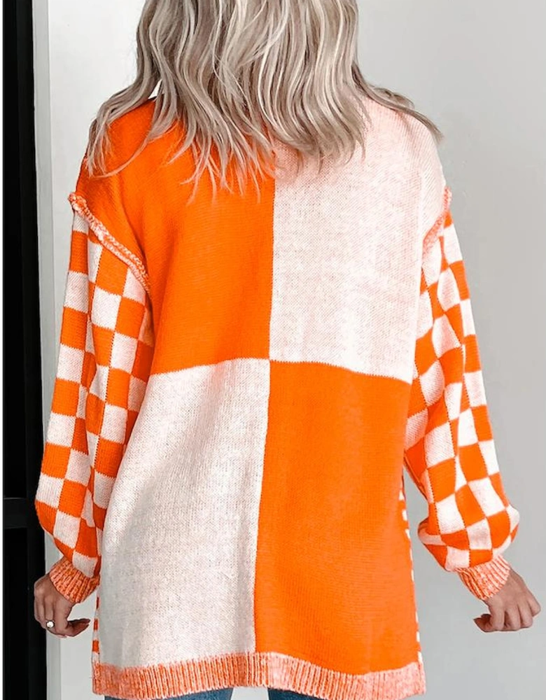 Orange Checkered Bubble Sleeve Drop Shoulder Open Cardigan