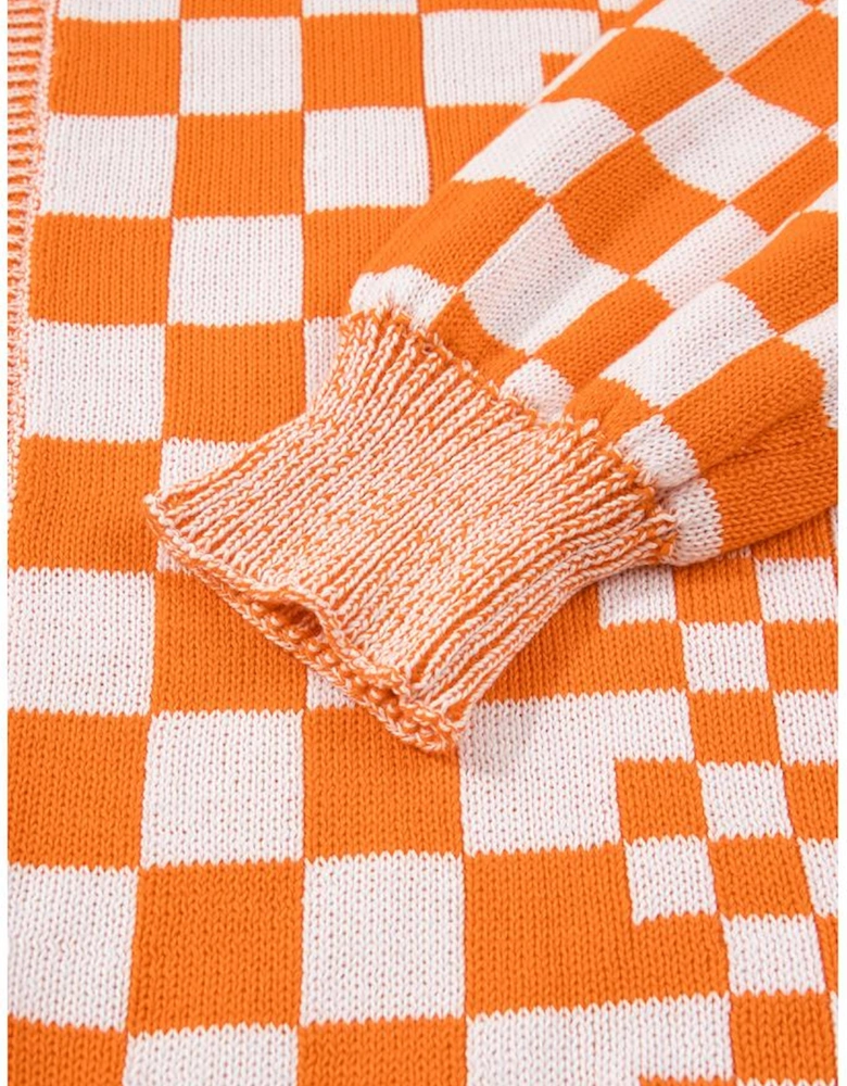 Orange Checkered Bubble Sleeve Drop Shoulder Open Cardigan
