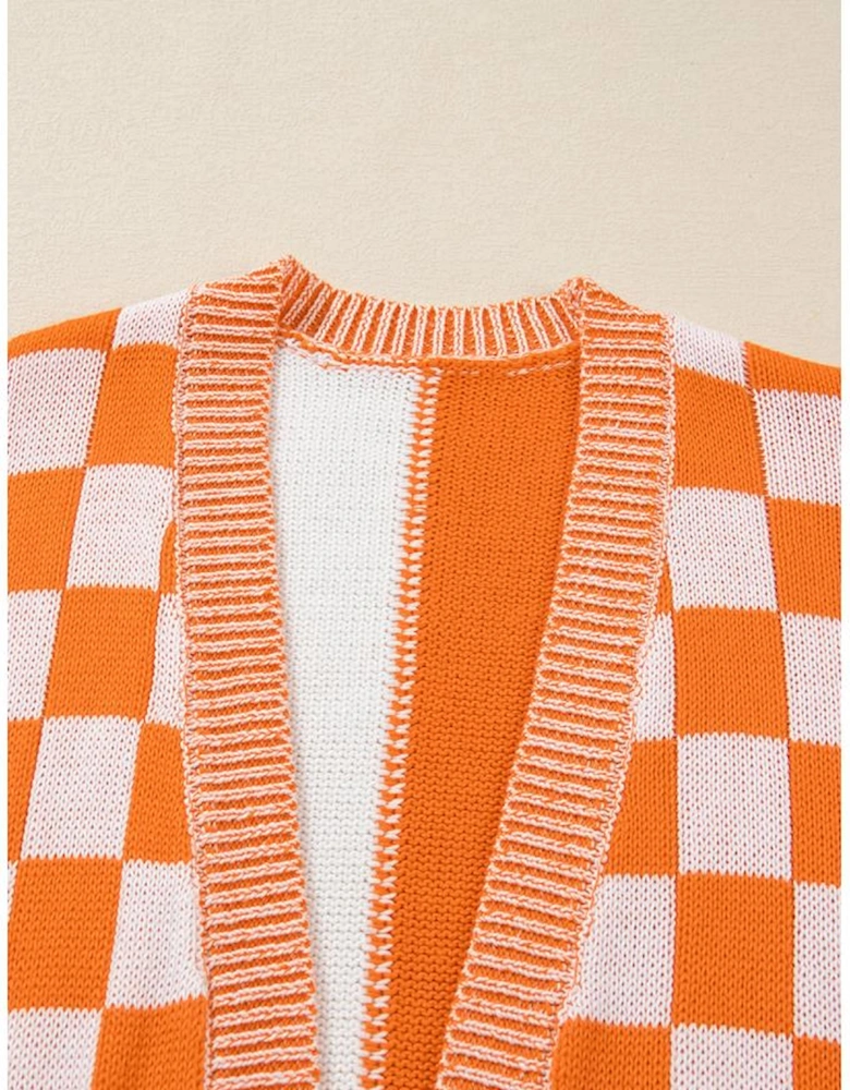 Orange Checkered Bubble Sleeve Drop Shoulder Open Cardigan