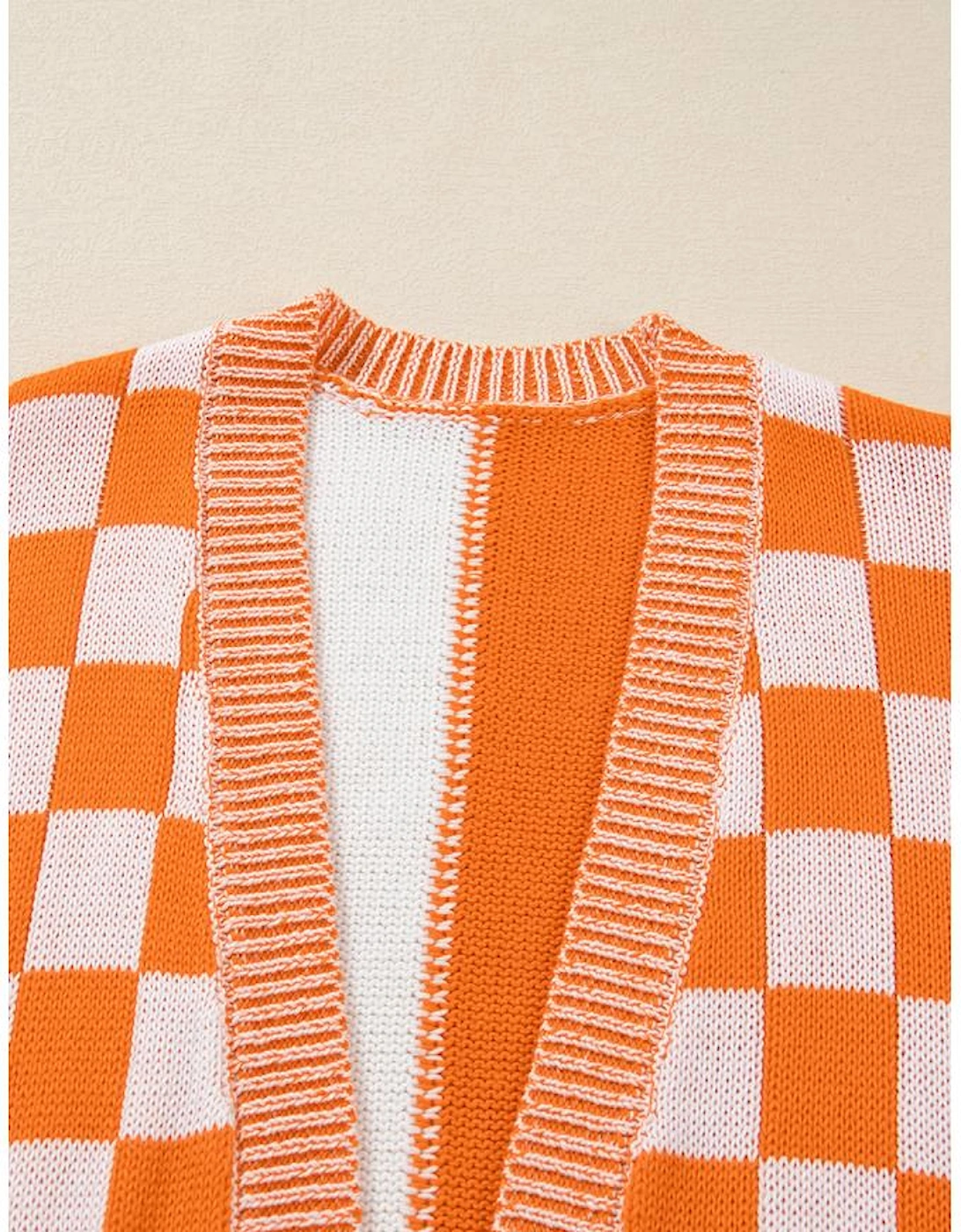 Orange Checkered Bubble Sleeve Drop Shoulder Open Cardigan