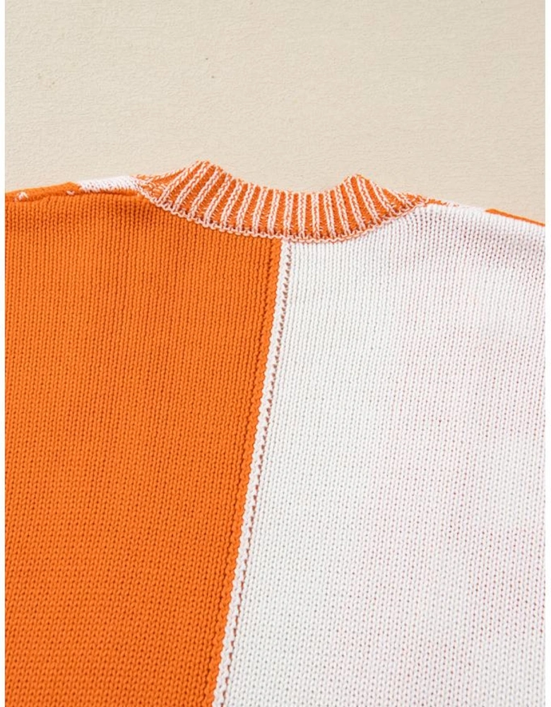 Orange Checkered Bubble Sleeve Drop Shoulder Open Cardigan
