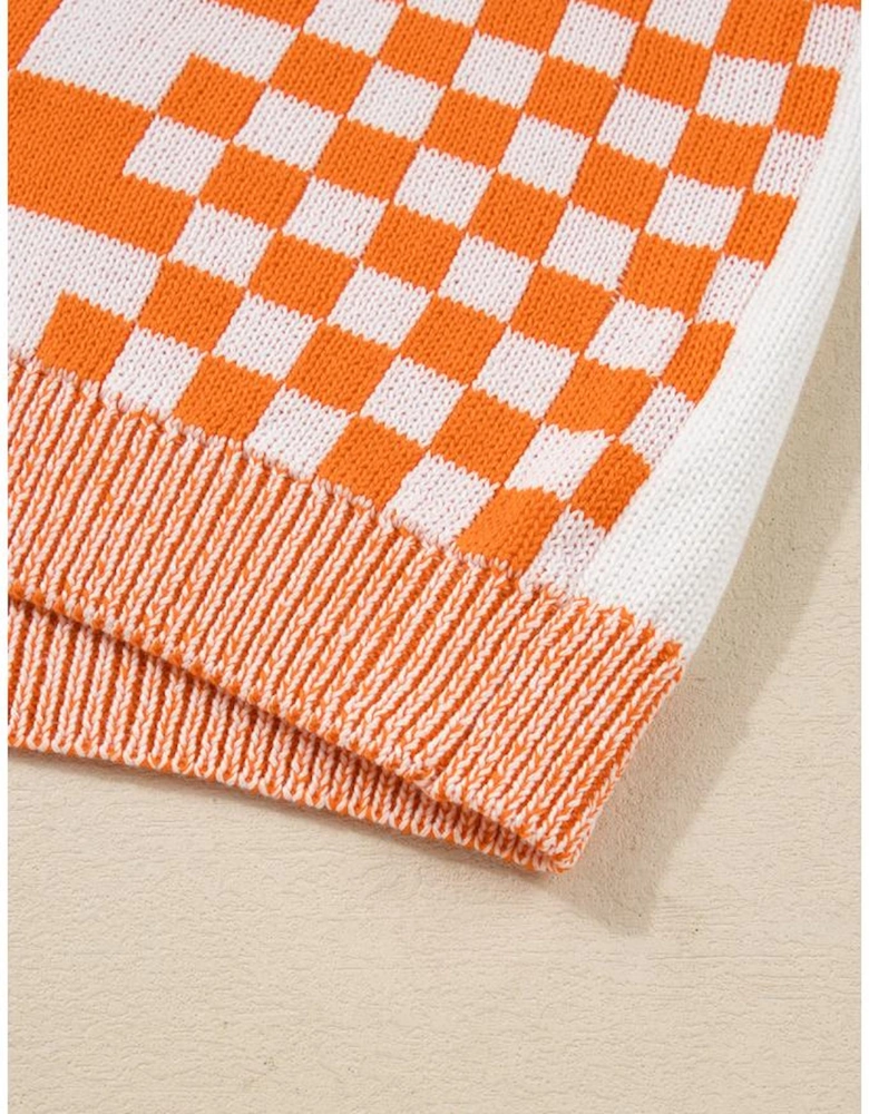 Orange Checkered Bubble Sleeve Drop Shoulder Open Cardigan