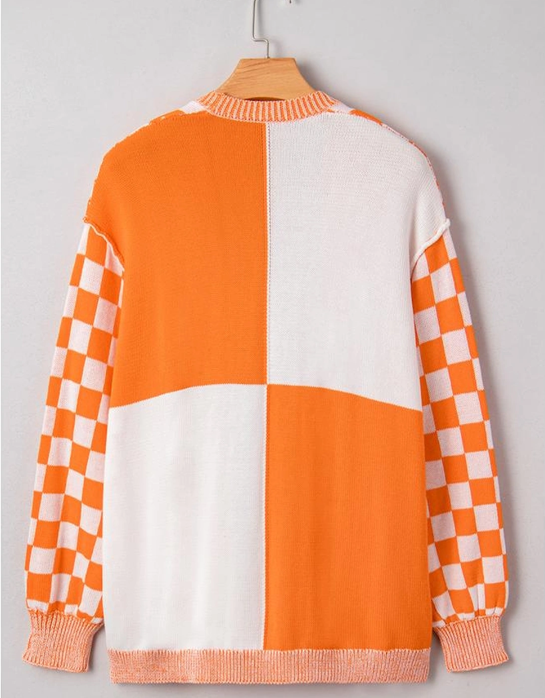 Orange Checkered Bubble Sleeve Drop Shoulder Open Cardigan