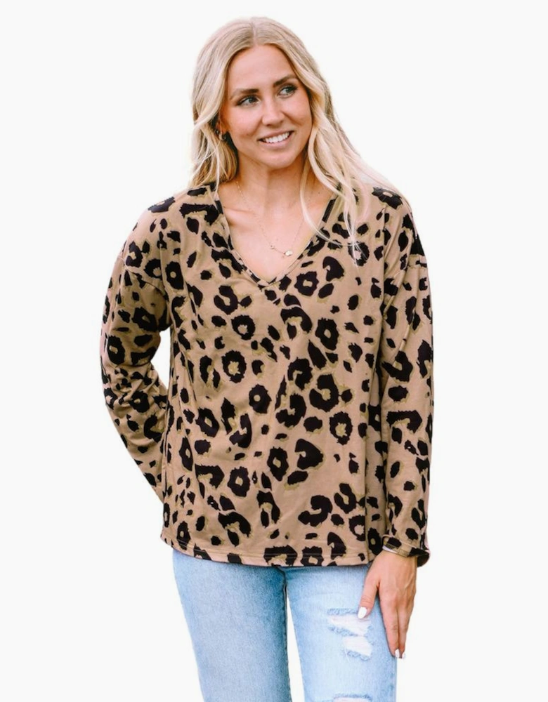 Brown Leopard Split Joint V Neck Long Sleeve Tops