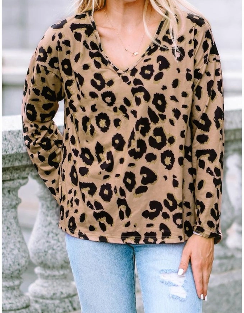 Brown Leopard Split Joint V Neck Long Sleeve Tops