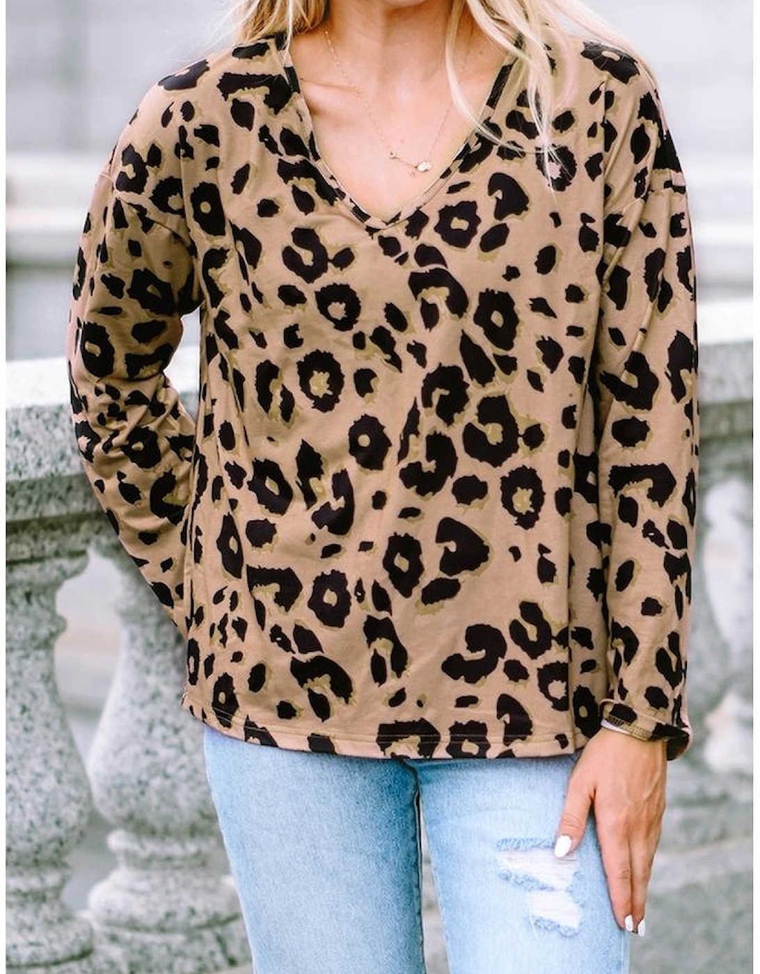 Brown Leopard Split Joint V Neck Long Sleeve Tops, 8 of 7