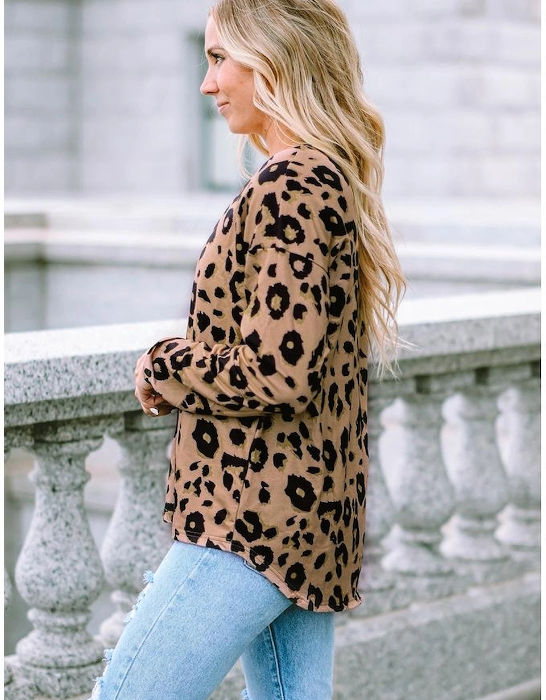 Brown Leopard Split Joint V Neck Long Sleeve Tops