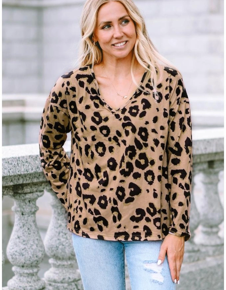 Brown Leopard Split Joint V Neck Long Sleeve Tops