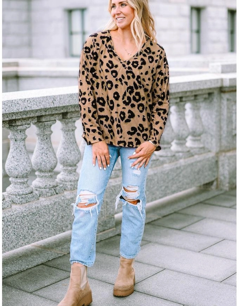 Brown Leopard Split Joint V Neck Long Sleeve Tops
