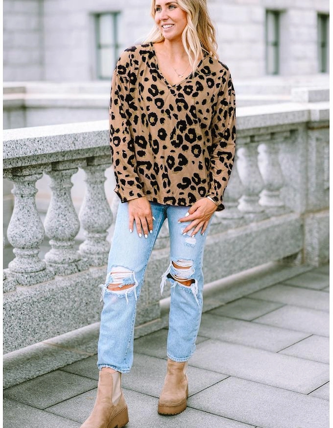 Brown Leopard Split Joint V Neck Long Sleeve Tops