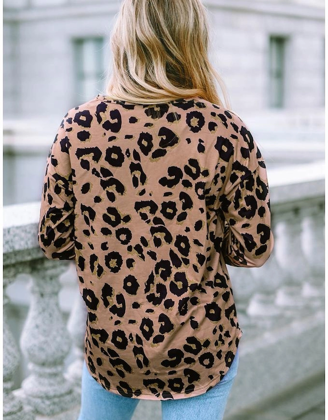 Brown Leopard Split Joint V Neck Long Sleeve Tops