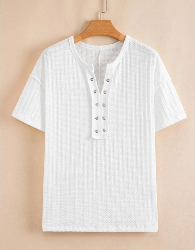 White Textured Hollow Grommet Placket Split Neck Short Sleeve Top