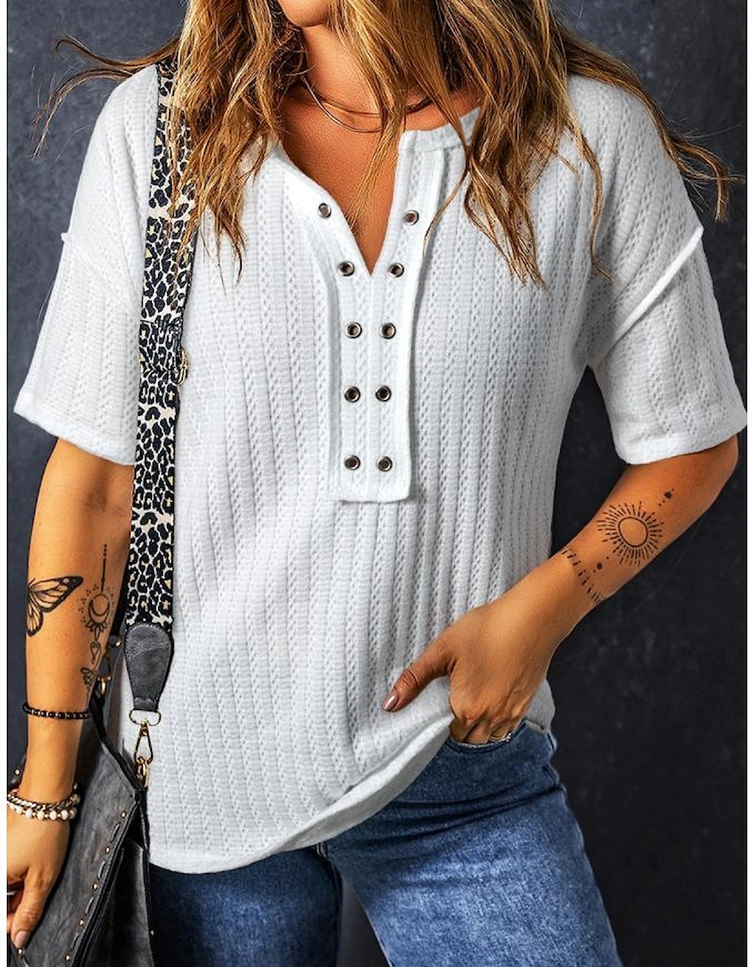 White Textured Hollow Grommet Placket Split Neck Short Sleeve Top