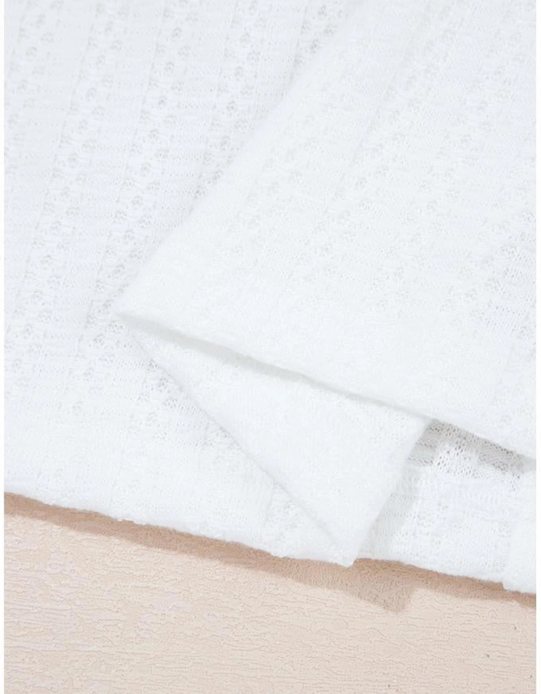 White Textured Hollow Grommet Placket Split Neck Short Sleeve Top