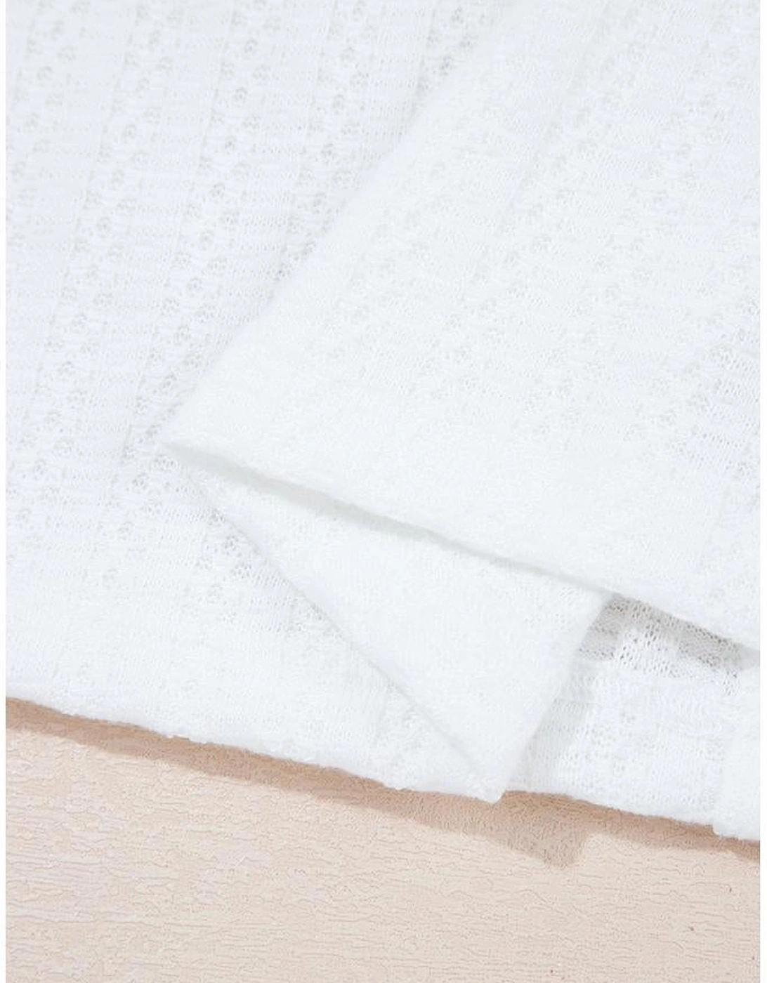 White Textured Hollow Grommet Placket Split Neck Short Sleeve Top