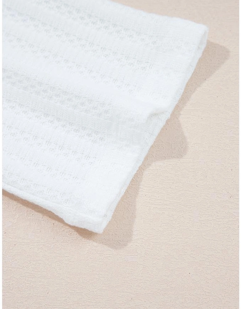 White Textured Hollow Grommet Placket Split Neck Short Sleeve Top