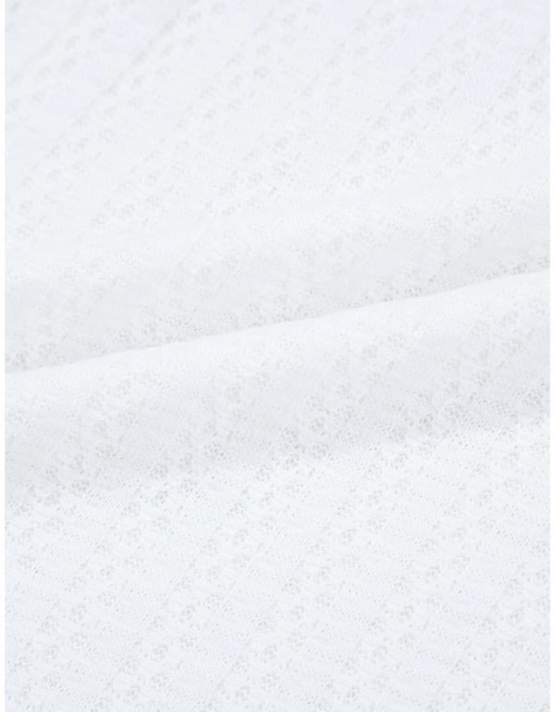 White Textured Hollow Grommet Placket Split Neck Short Sleeve Top