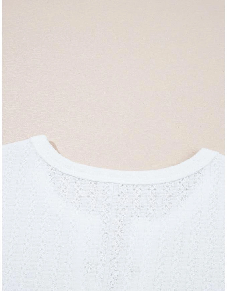 White Textured Hollow Grommet Placket Split Neck Short Sleeve Top