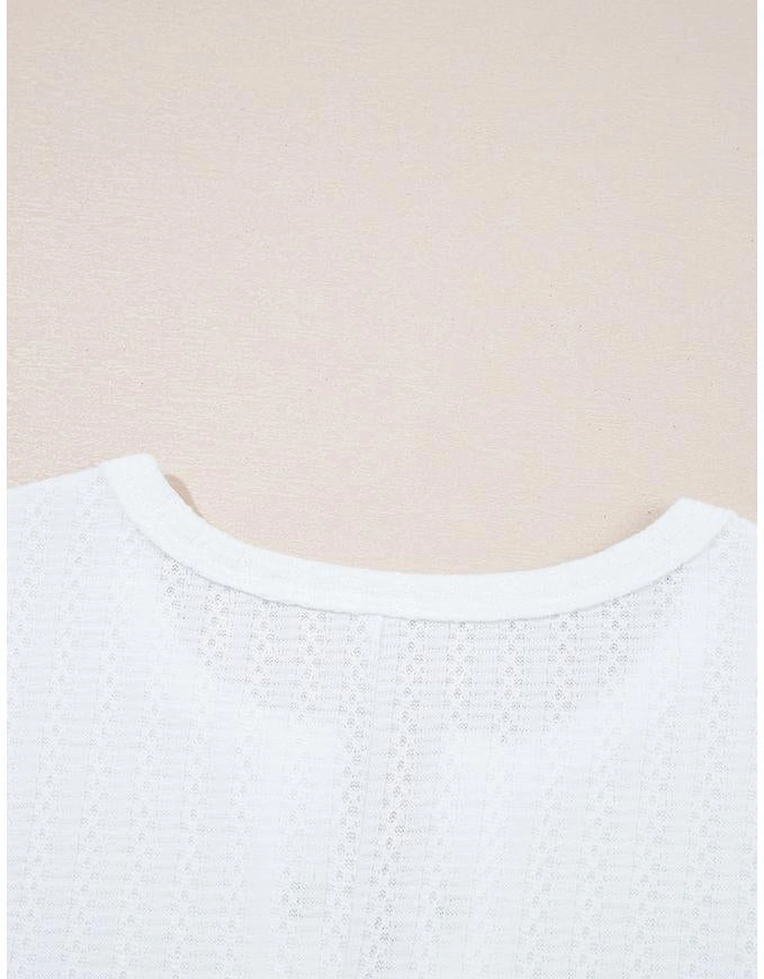 White Textured Hollow Grommet Placket Split Neck Short Sleeve Top