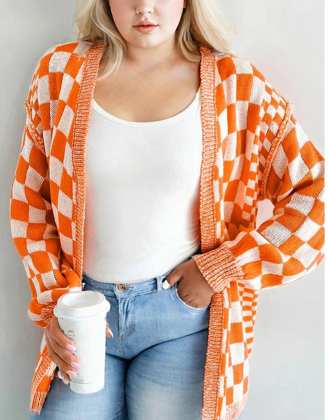 Orange Checkered Bubble Sleeve Drop Shoulder Open Cardigan