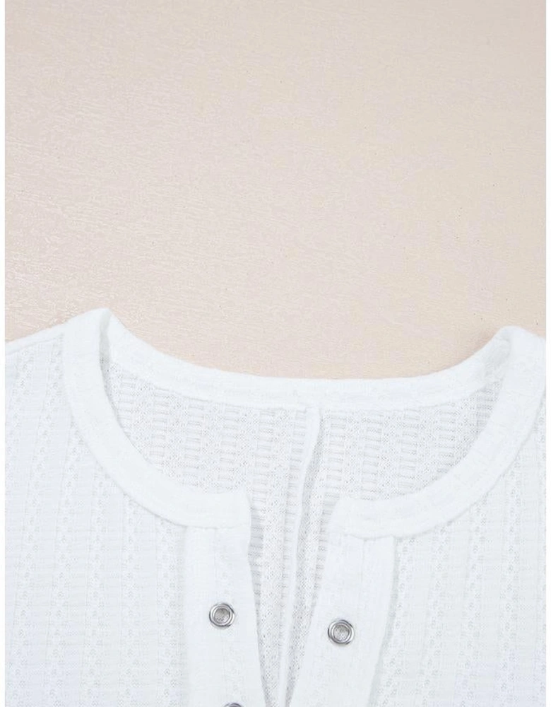 White Textured Hollow Grommet Placket Split Neck Short Sleeve Top