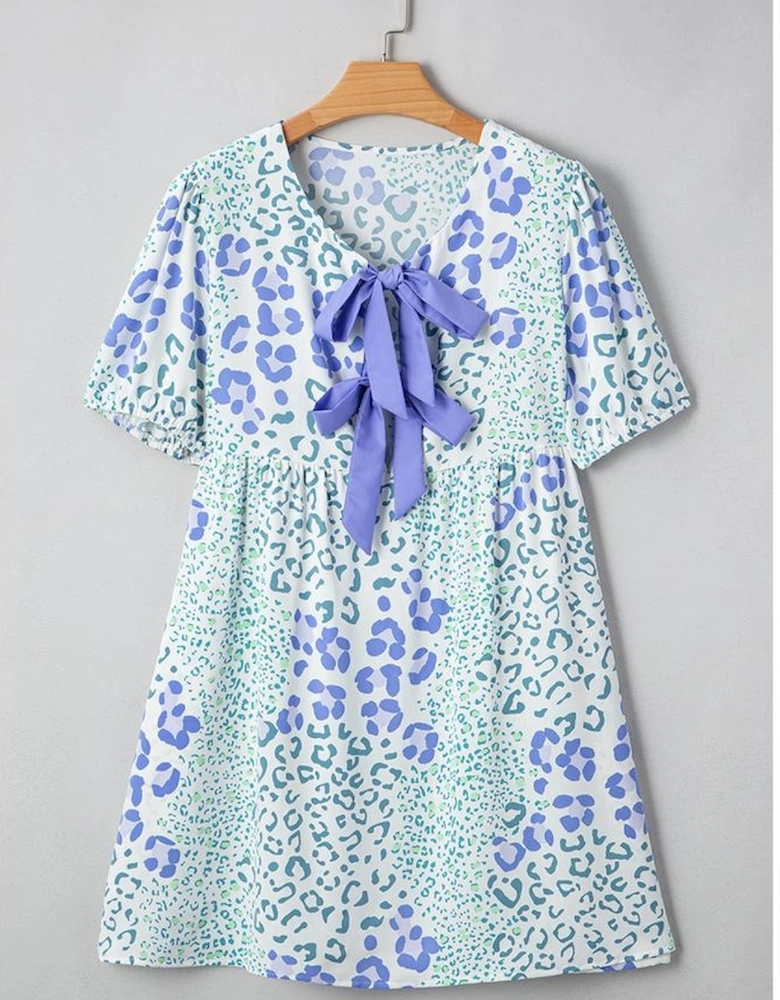 Sky Blue Leopard Contrast Bow Puff Sleeve Mini Dress
