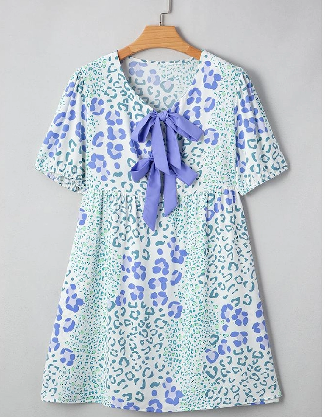 Sky Blue Leopard Contrast Bow Puff Sleeve Mini Dress