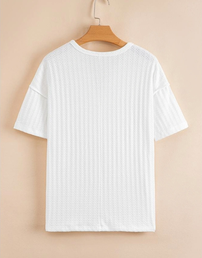 White Textured Hollow Grommet Placket Split Neck Short Sleeve Top