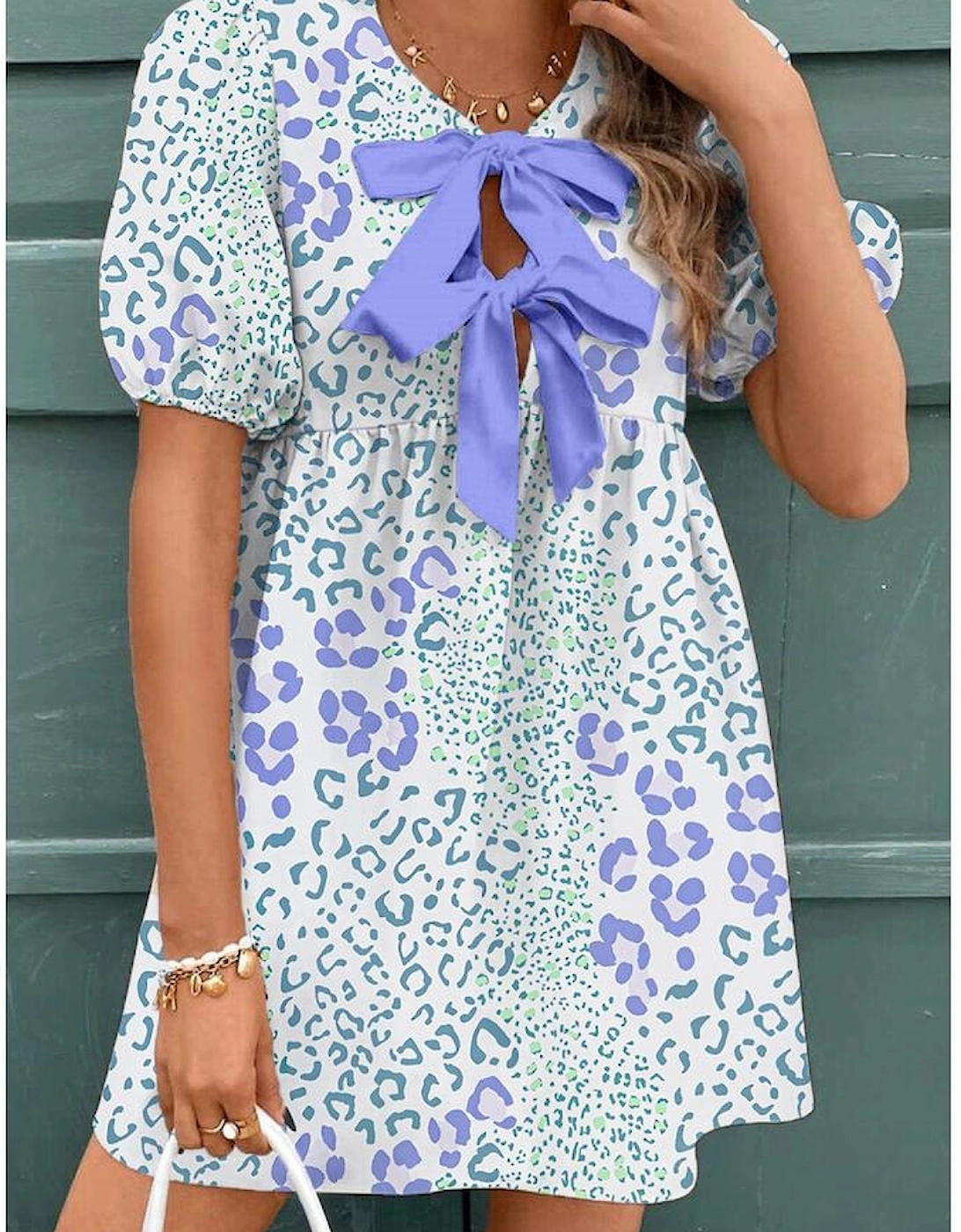 Sky Blue Leopard Contrast Bow Puff Sleeve Mini Dress