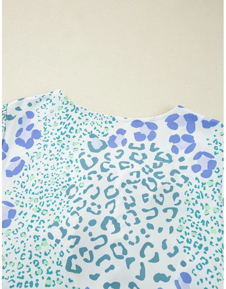 Sky Blue Leopard Contrast Bow Puff Sleeve Mini Dress