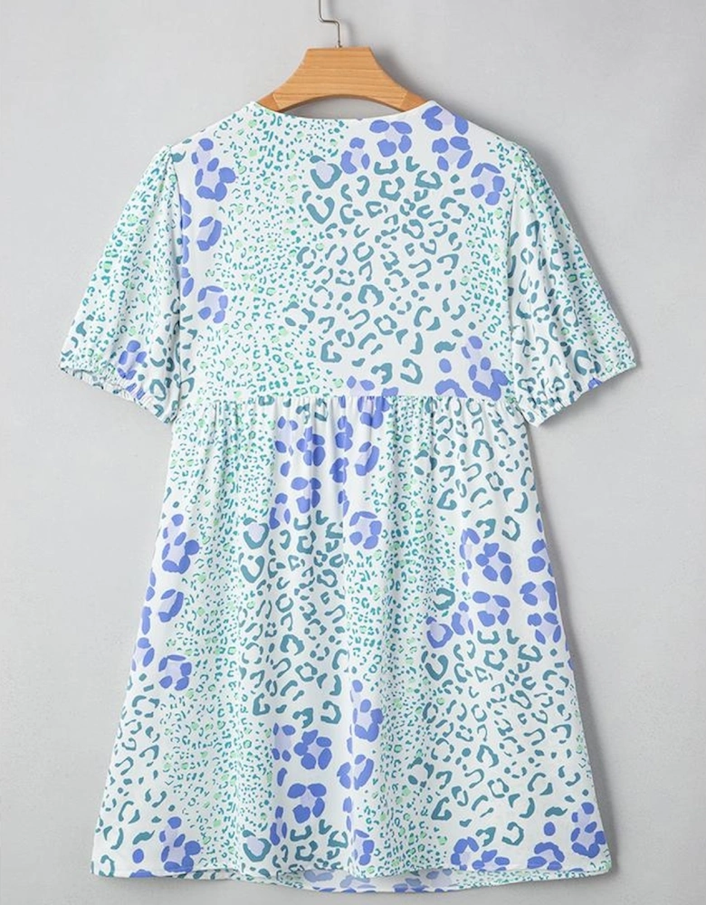 Sky Blue Leopard Contrast Bow Puff Sleeve Mini Dress