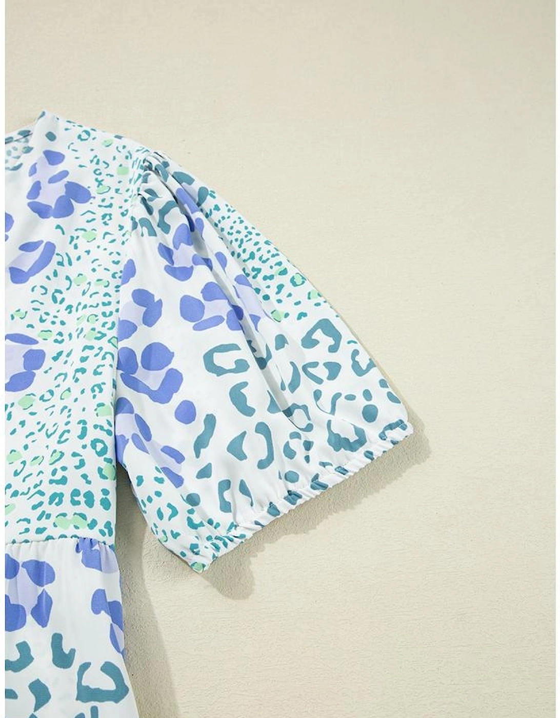 Sky Blue Leopard Contrast Bow Puff Sleeve Mini Dress