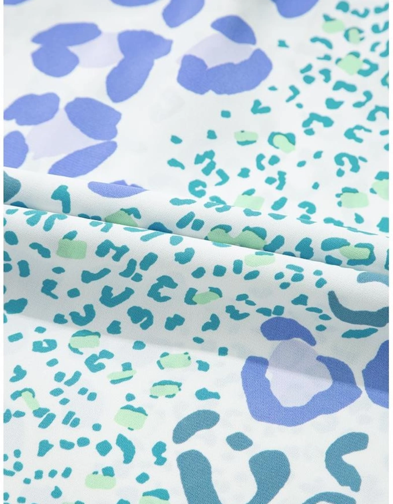 Sky Blue Leopard Contrast Bow Puff Sleeve Mini Dress